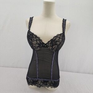 Sophie B. Black Lace Floral Trim Sheer Mesh Lingerie Corset Top - Size M‎